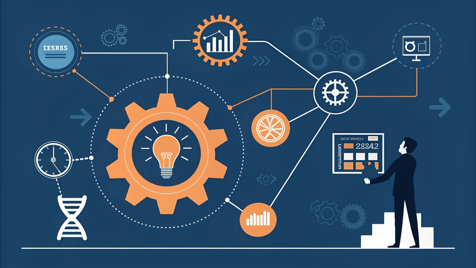 Content engineer role 2026 — central gear hub with four orbiting pipeline stages (idea bulb, production pane, distribution network, measurement dashboard) connected by conveyor arcs, human operator beside it, dark navy with orange and blue accents