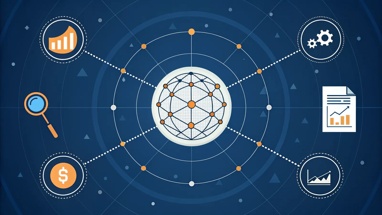 Perplexity AI review 2026 — glowing research orb with orbiting citation chips and six task icons (report, comparison, pricing, competitor list, trend chart, fact-check), dark navy with orange and blue accents