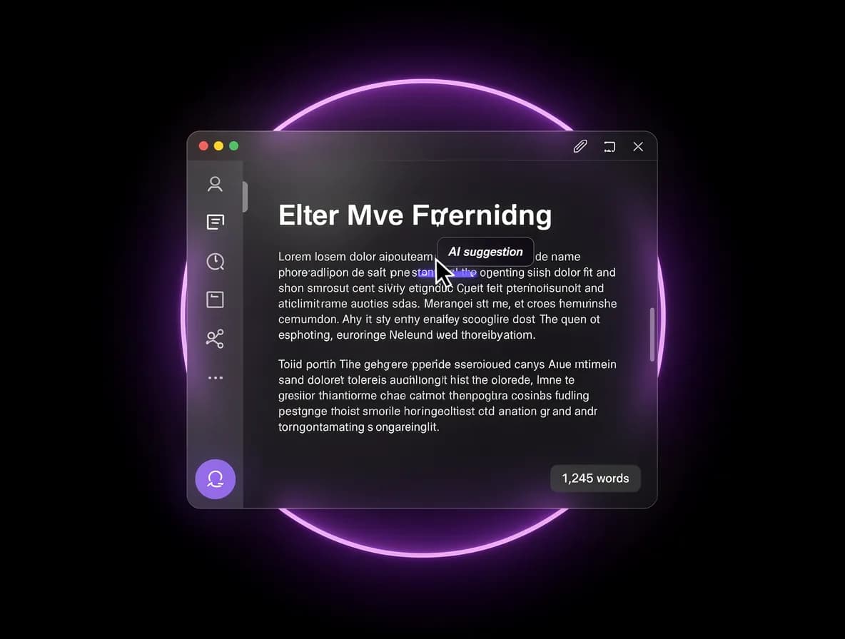 AI Blog Writing Tool — floating document editor with AI writing assistant tooltip and cursor, dark background, purple spotlight