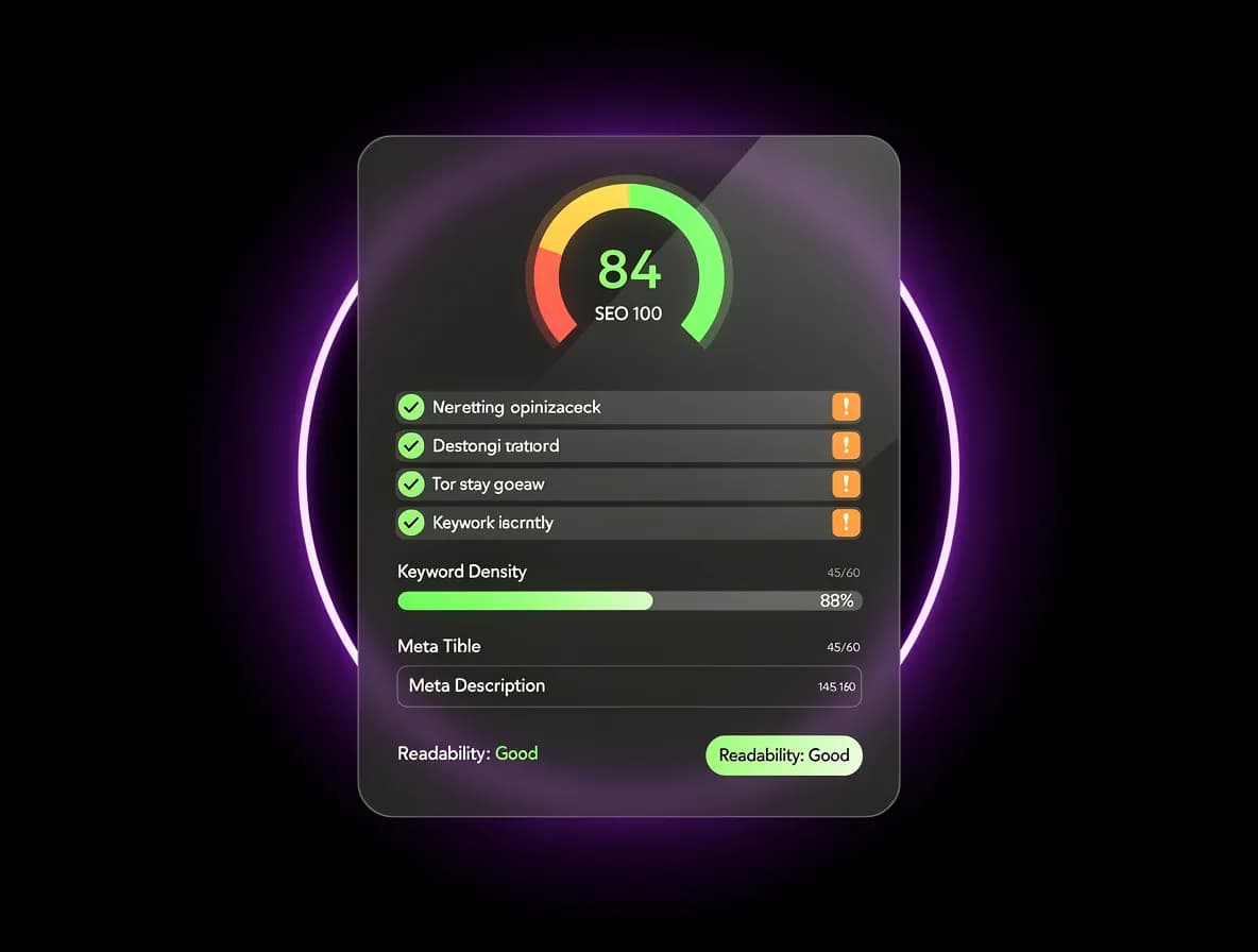 On-Page SEO Optimizer — floating SEO score gauge and optimization checklist panel, dark background, purple spotlight