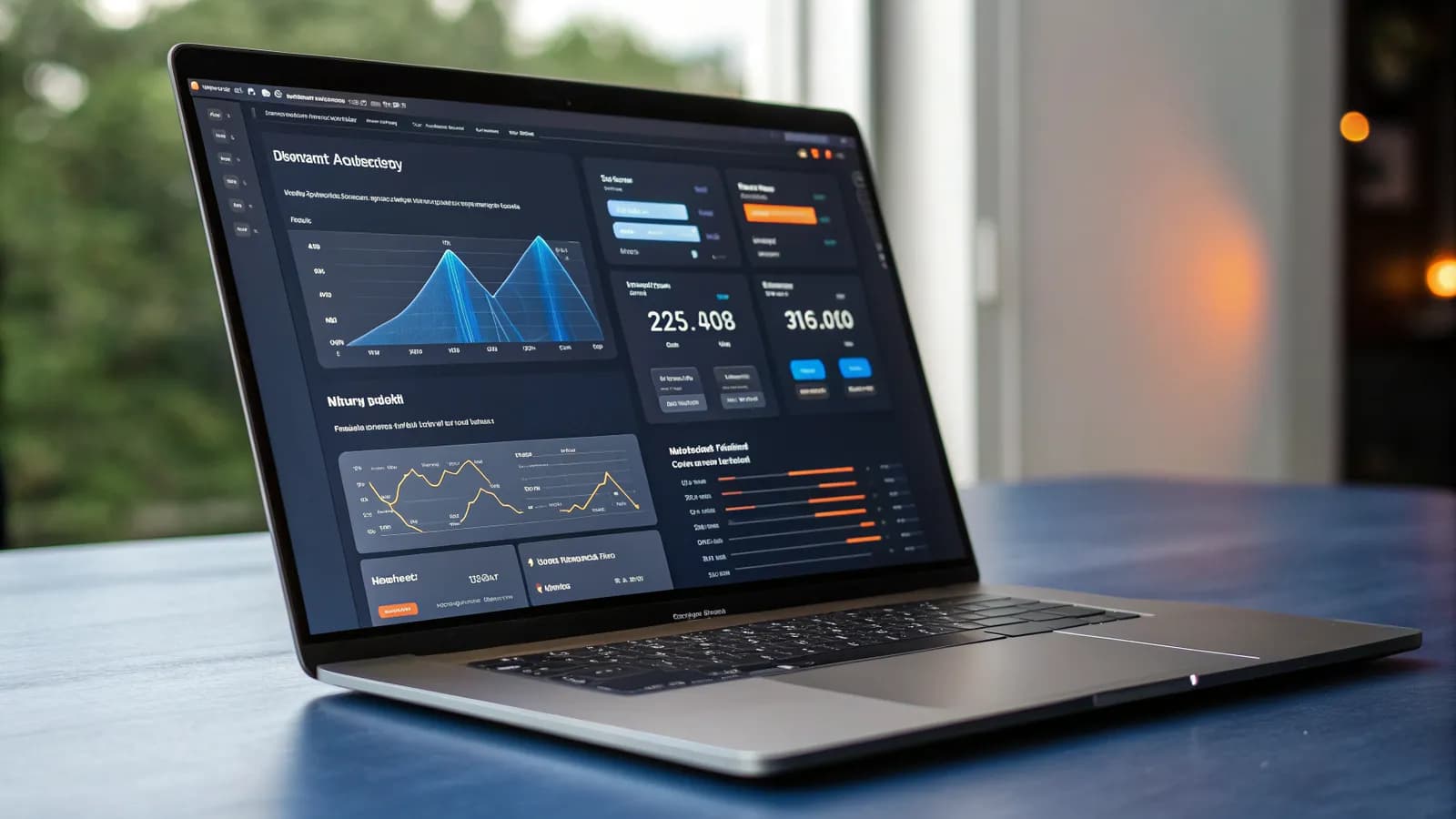 SaaS SEO strategy dashboard on a MacBook Pro showing a content pyramid diagram with stacked feature, comparison and pricing page cards, dark navy UI with orange and blue accents