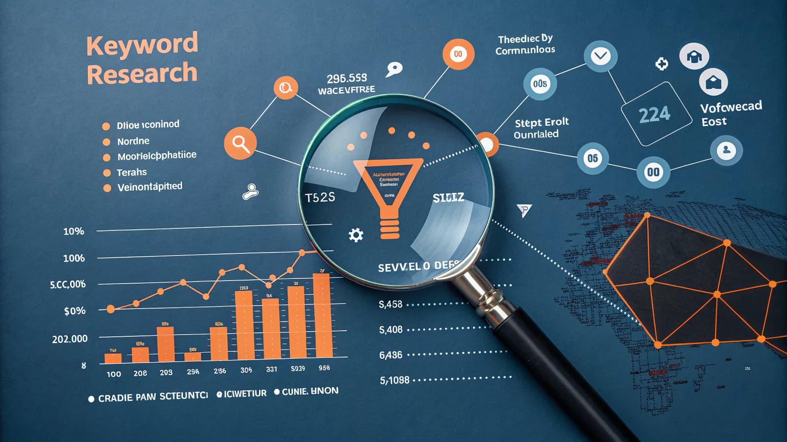 Semrush keyword research 2026 — keyword cluster node map with volume bubbles, difficulty meters and highlighted high-value keyword diamond in a funnel from broad to specific terms, dark navy with orange and blue accents