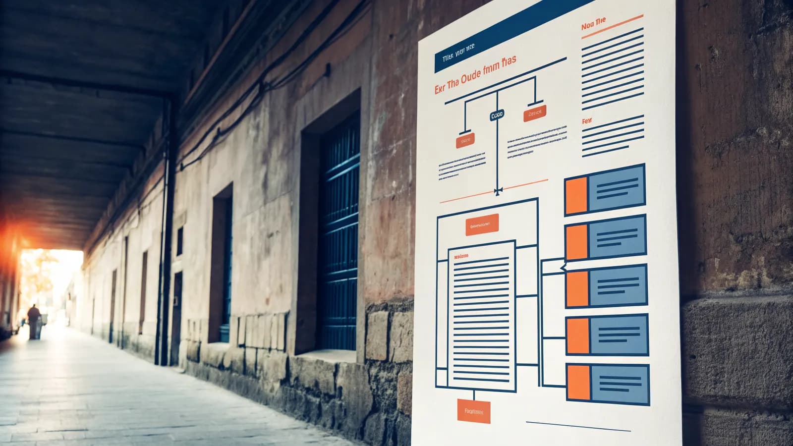 Blog post format guide 2026 — article skeleton of clean blocks with question subheadings, FAQ accordion and AI summary chip reading the structure, contrasted with faded old text wall, dark navy with orange and blue accents