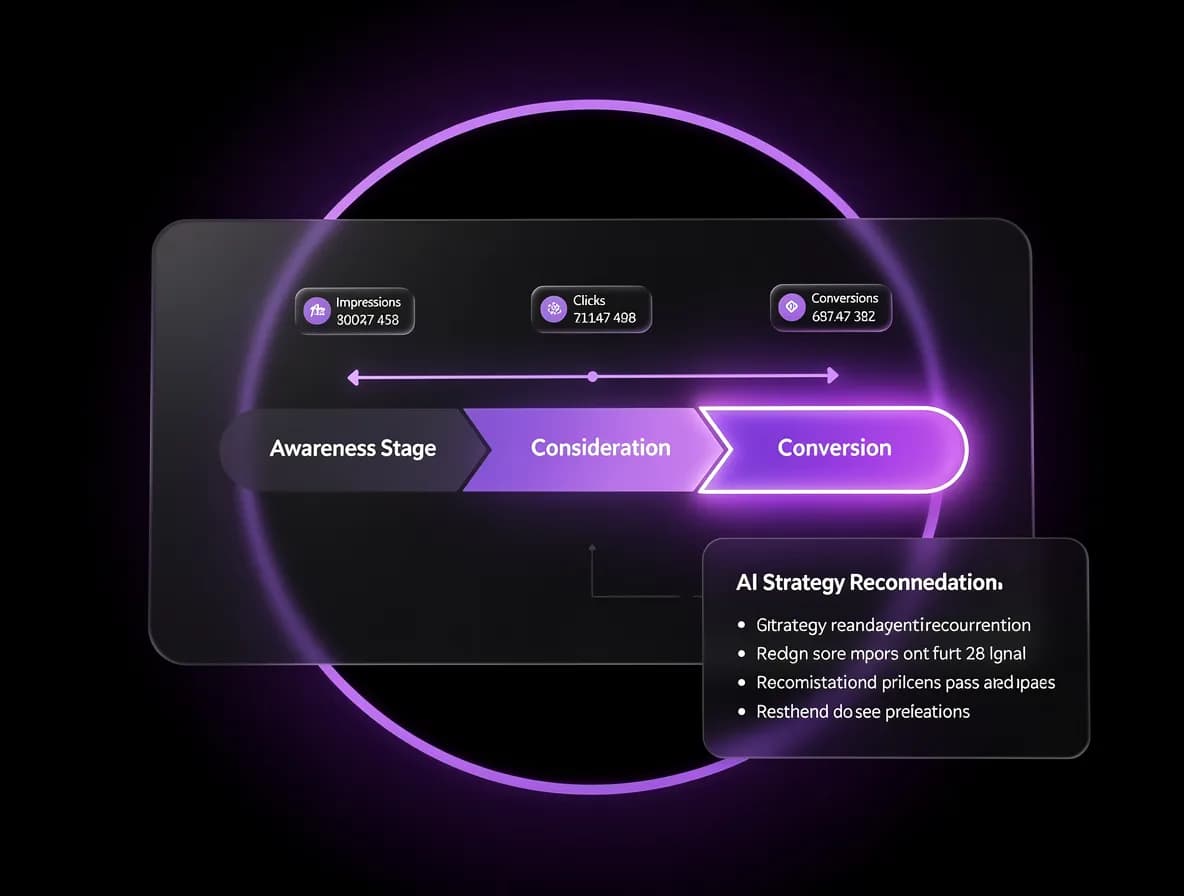 AI Marketing Strategy Tool — floating marketing funnel roadmap with KPI metrics and AI recommendation card, dark background, purple spotlight