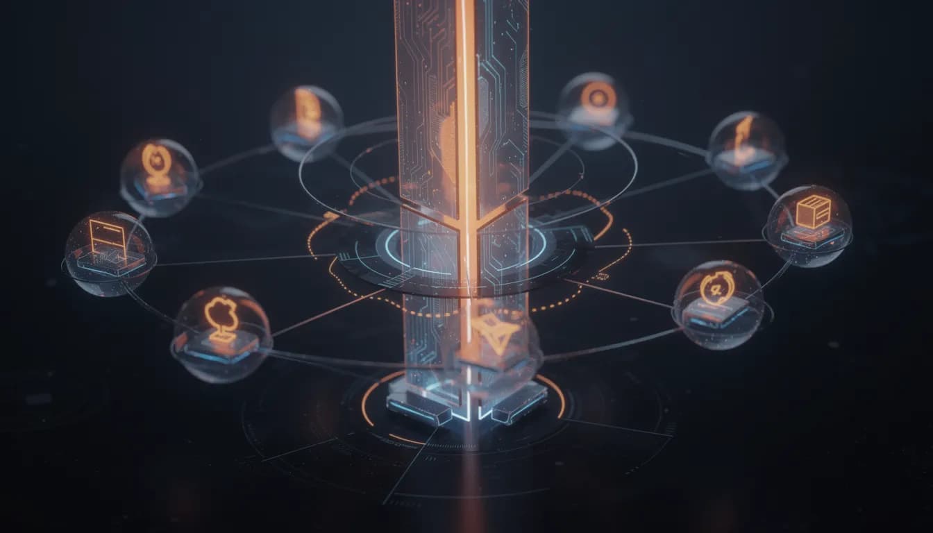 Content marketing for SaaS 2026 — abstract dark SaaS content engine with glowing central pillar and radial spoke nodes