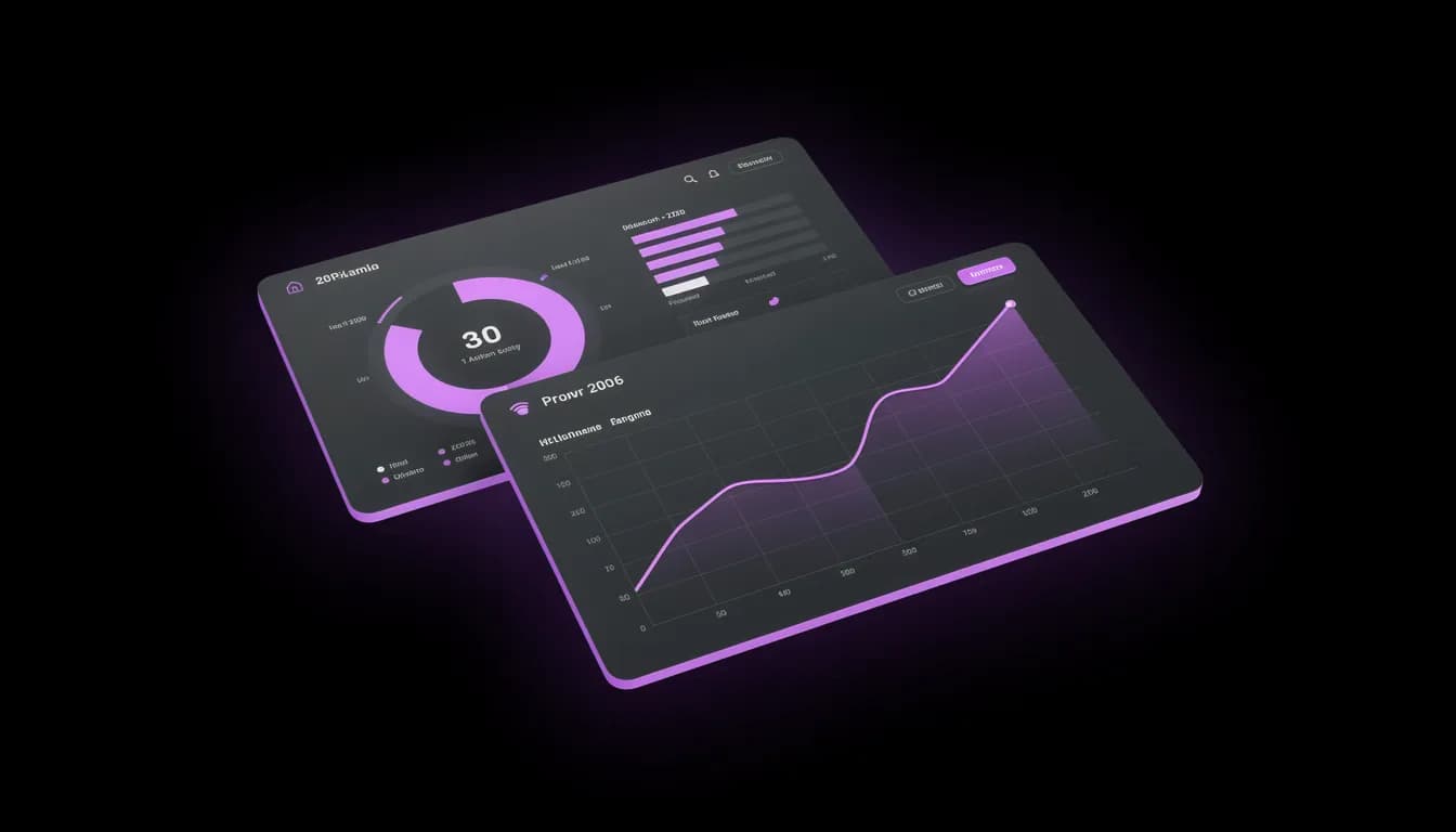 Marketing Analytics — cascading stack of metric cards with vivid purple spotlight, pure black background